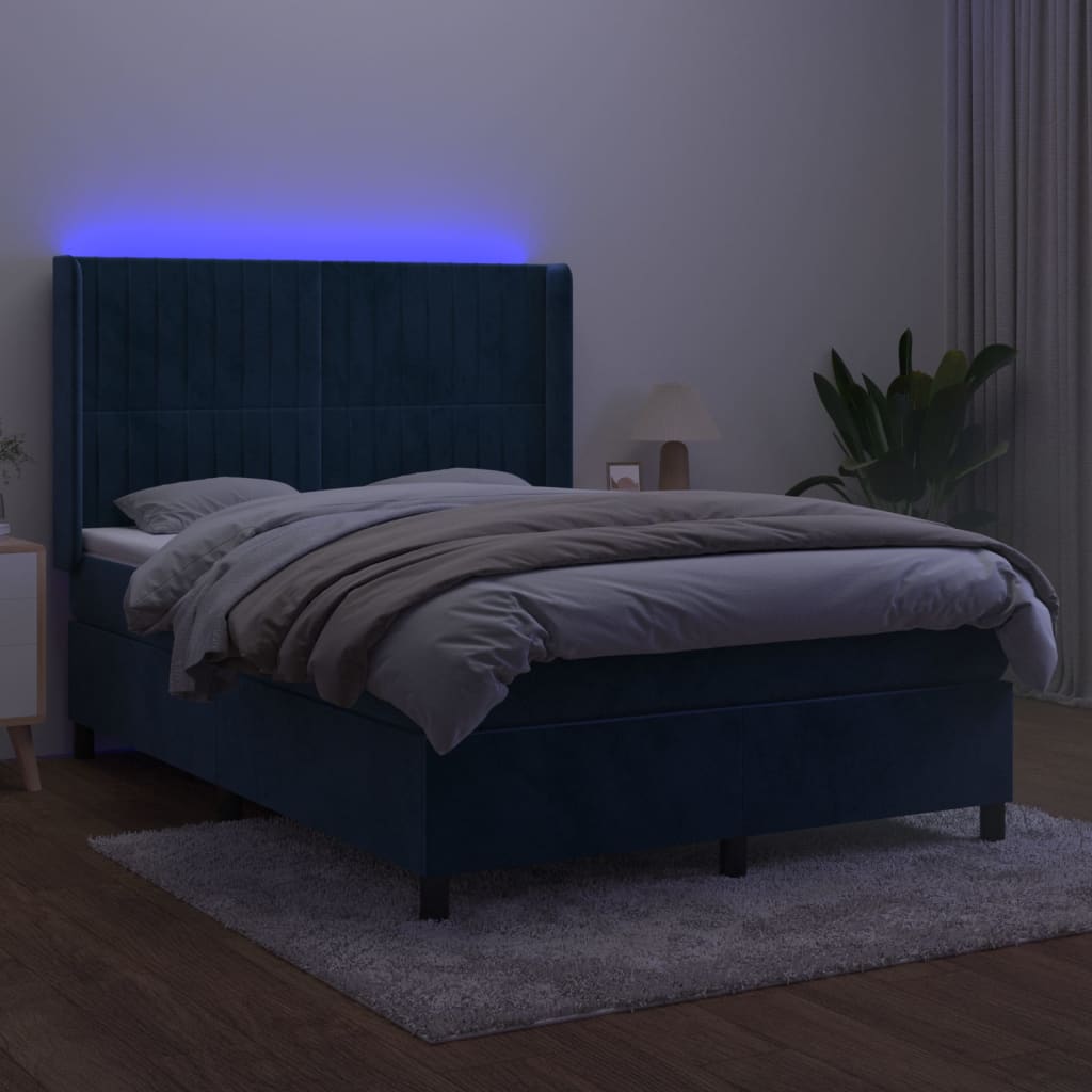 Cama box spring c/ colchão/LED 140x200 cm veludo azul-escuro