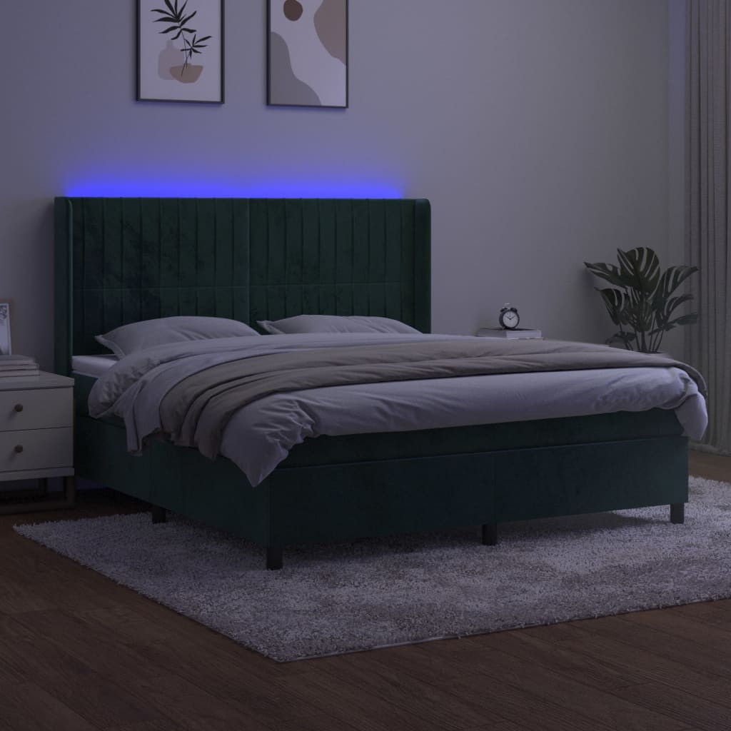 Cama box spring c/ colchão/LED 160x200 cm veludo verde-escuro