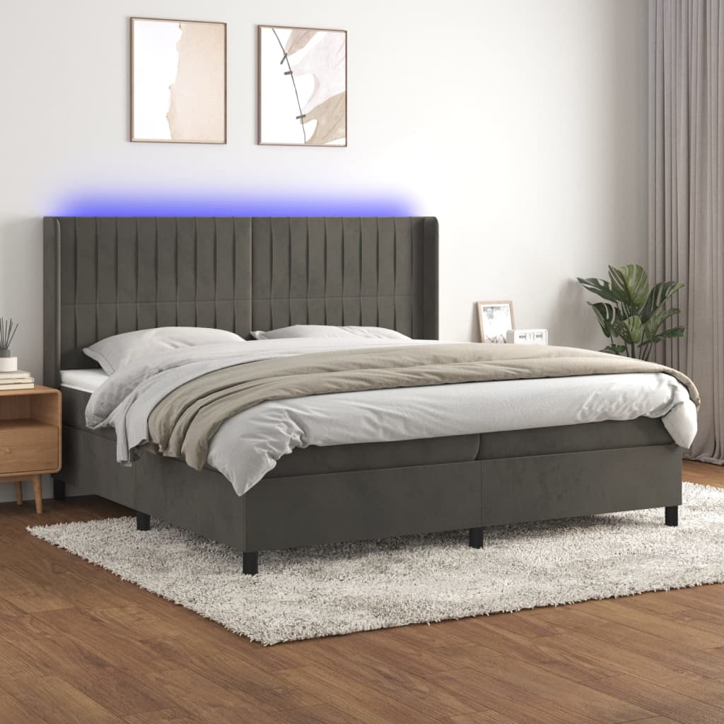 Cama box spring c/ colchão/LED 200x200cm veludo cinzento-escuro