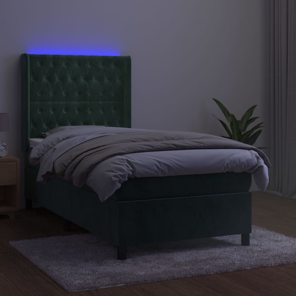 Cama box spring c/ colchão/LED 80x200 cm veludo verde-escuro