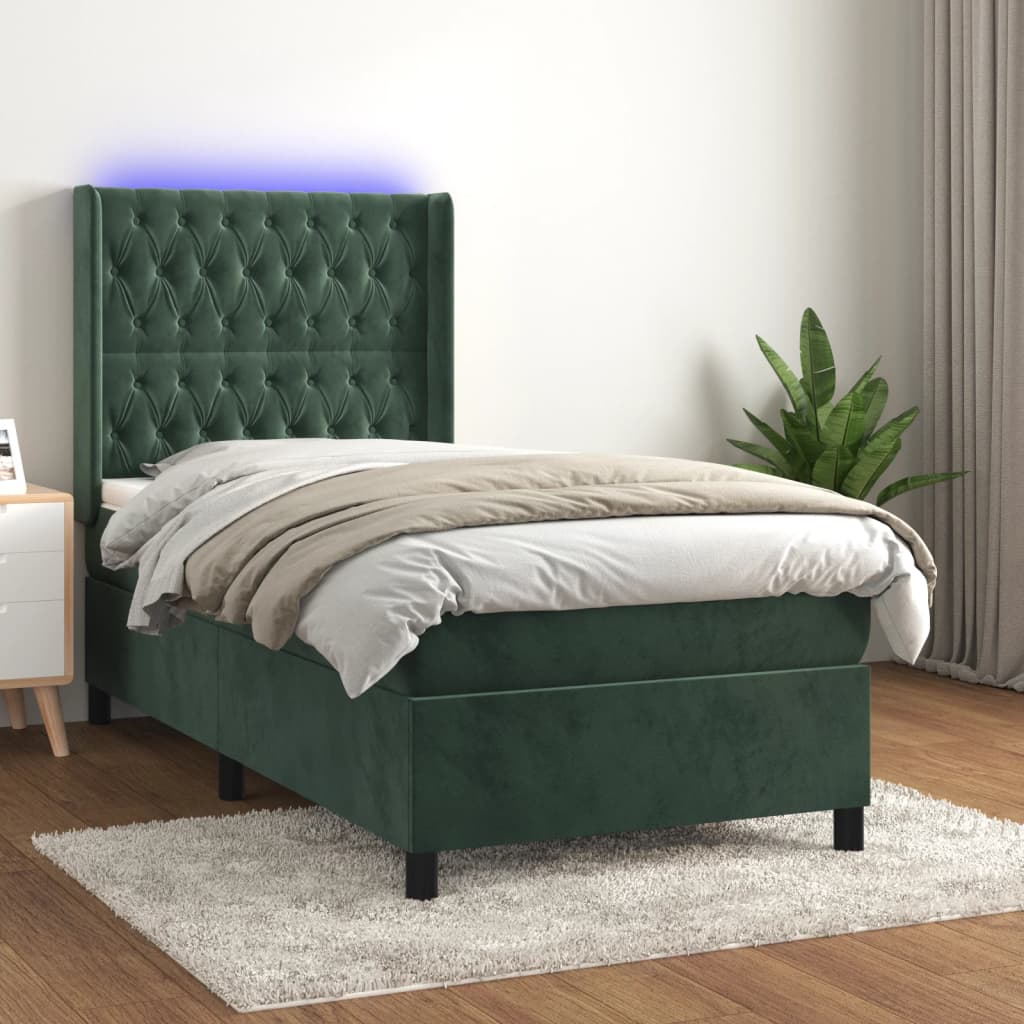 Cama box spring c/ colchão/LED 80x200 cm veludo verde-escuro