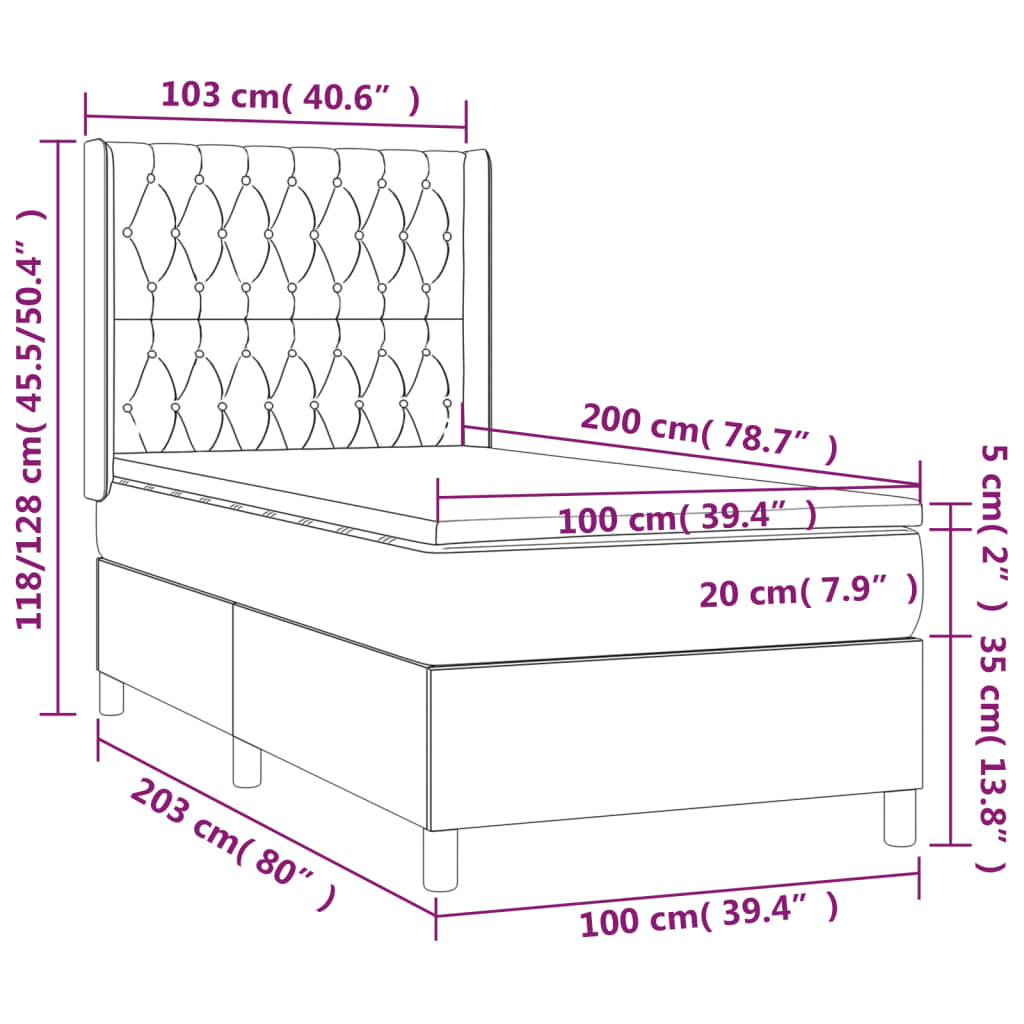 Cama box spring c/ colchão/LED 100x200 cm veludo preto