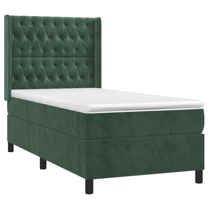 Cama box spring c/ colchão/LED 100x200 cm veludo verde-escuro