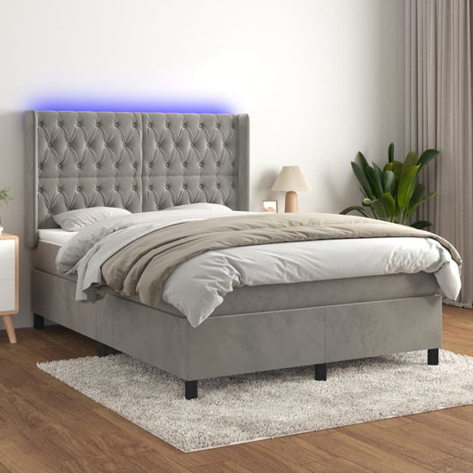 Cama box spring c/ colchão/LED 140x190 cm veludo cinzento