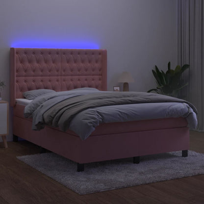 Cama box spring c/ colchão/LED 140x190 cm veludo rosa