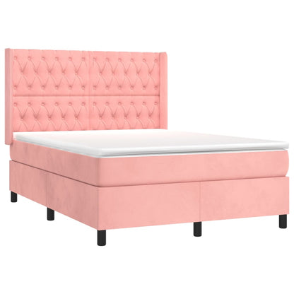 Cama box spring c/ colchão/LED 140x190 cm veludo rosa