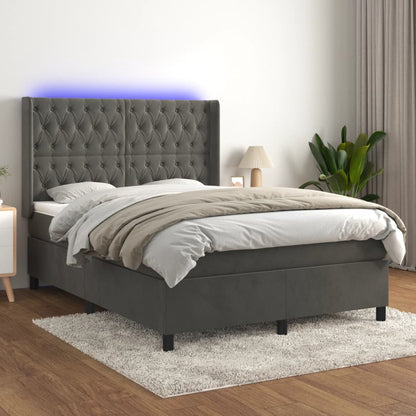 Cama box spring c/ colchão/LED 140x200cm veludo cinzento-escuro