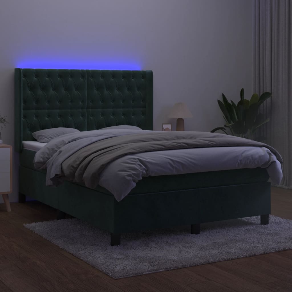 Cama box spring c/ colchão/LED 140x200 cm veludo verde-escuro