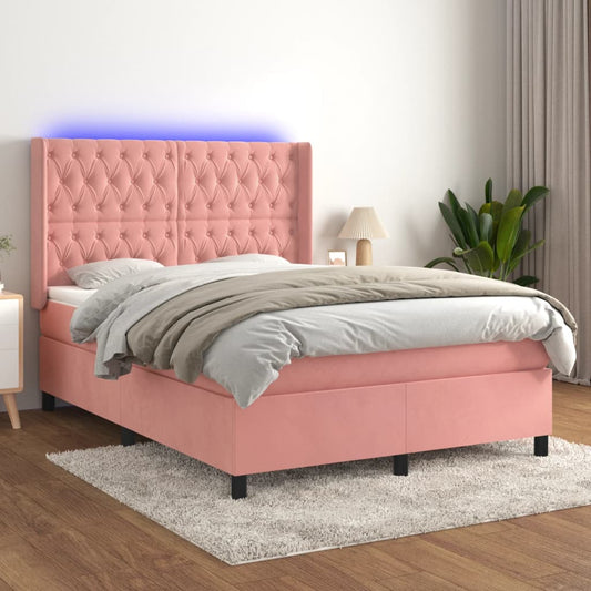 Cama box spring c/ colchão/LED 140x200 cm veludo rosa