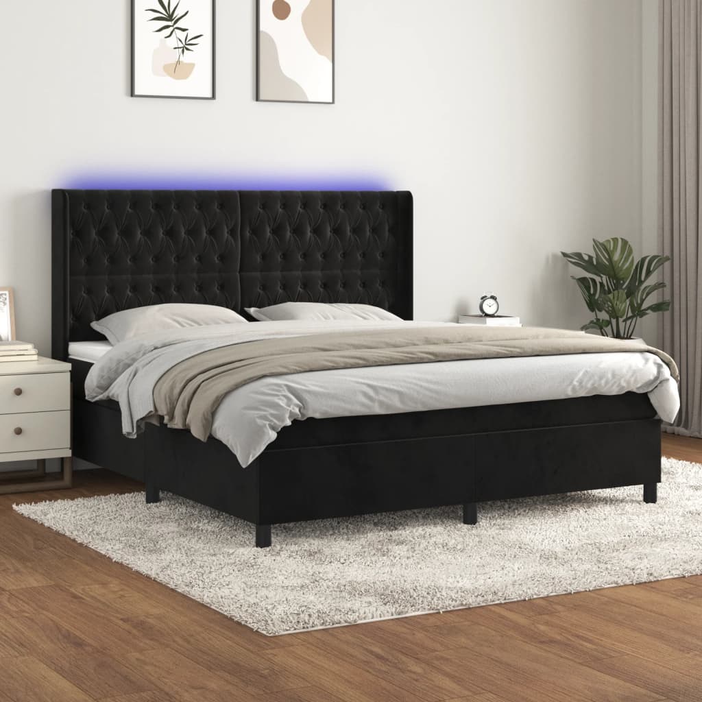 Cama box spring c/ colchão/LED 160x200 cm veludo preto