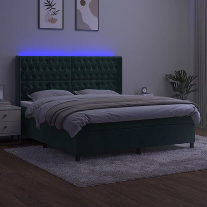 Cama box spring c/ colchão/LED 180x200 cm veludo verde-escuro