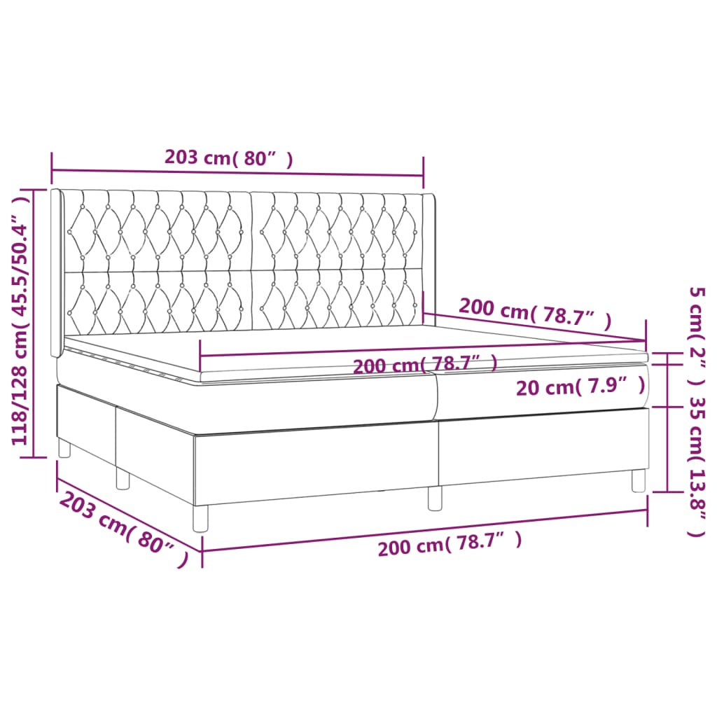 Cama box spring c/ colchão/LED 200x200cm veludo cinzento-escuro