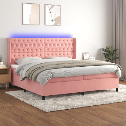 Cama box spring c/ colchão/LED 200x200 cm veludo rosa