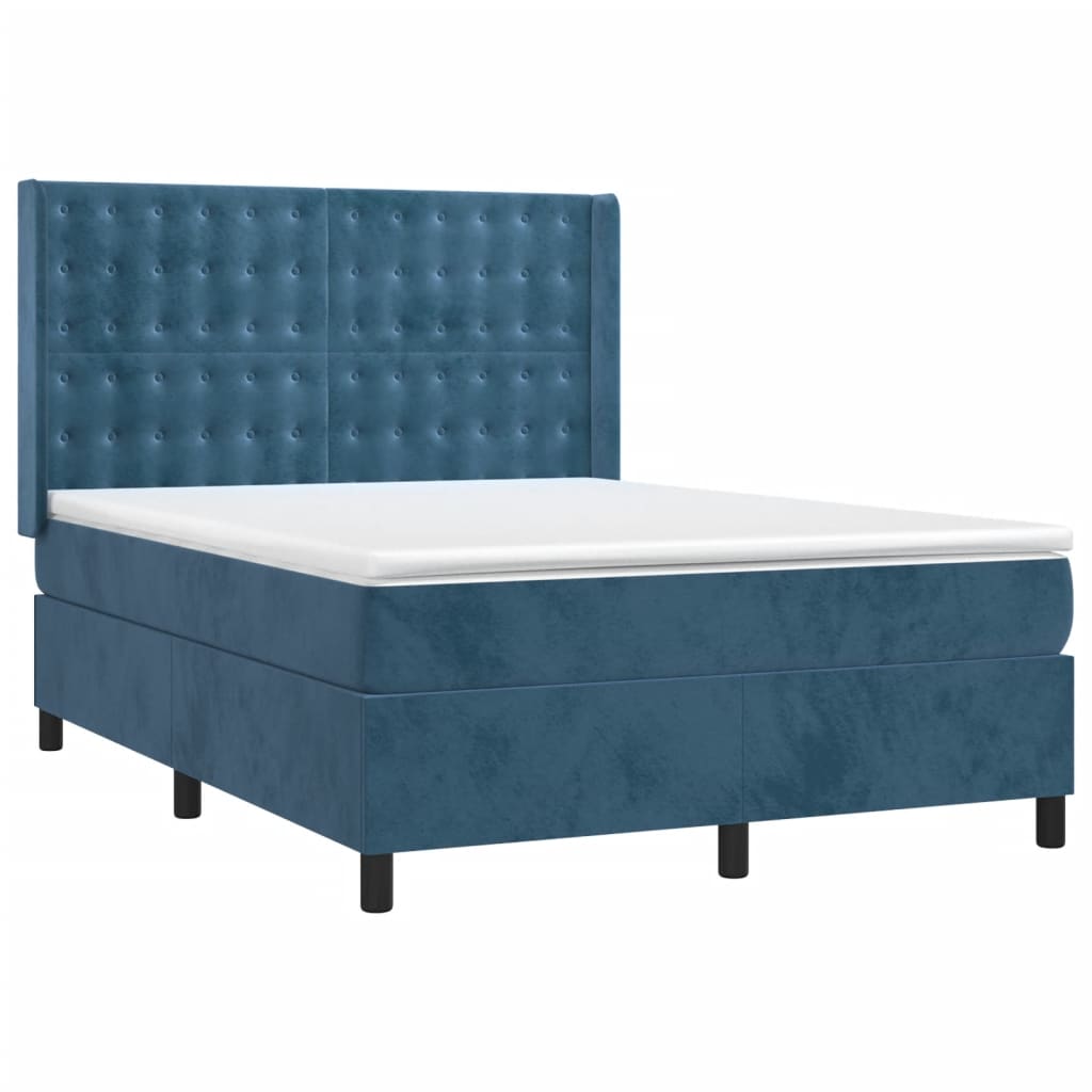 Cama box spring c/ colchão/LED 140x190 cm veludo azul-escuro