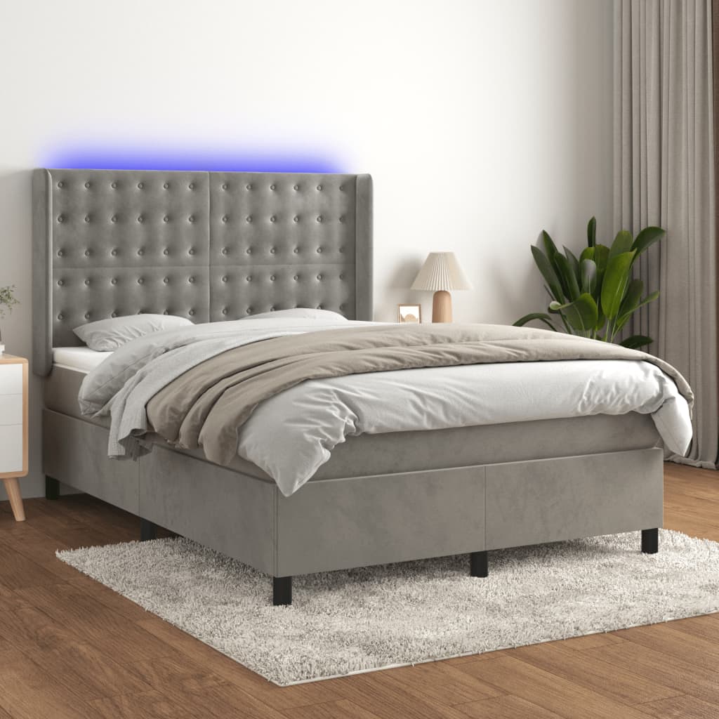 Cama box spring c/ colchão/LED 140x200 cm veludo cinzento-claro