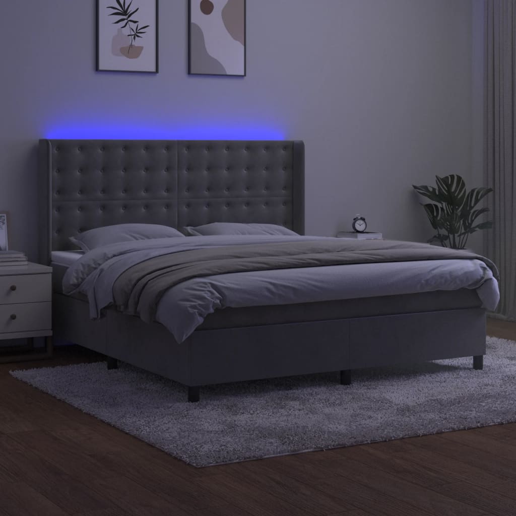 Cama box spring c/ colchão/LED 180x200 cm veludo cinzento-claro