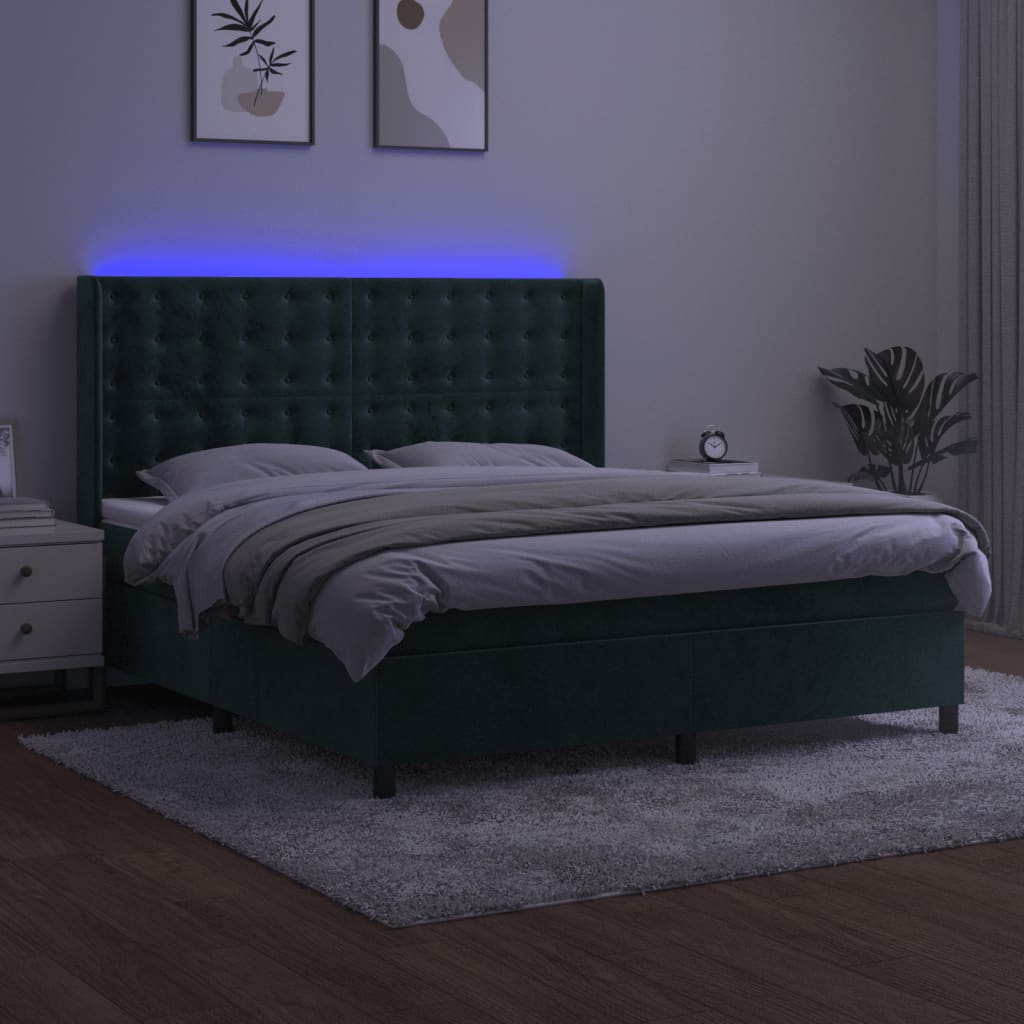 Cama box spring c/ colchão/LED 180x200 cm veludo verde-escuro