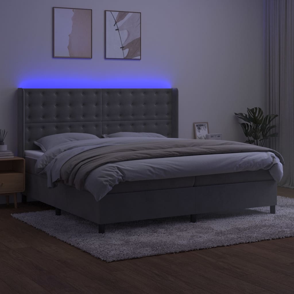 Cama box spring c/ colchão/LED 200x200 cm veludo cinzento-claro