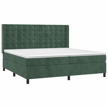 Cama box spring c/ colchão/LED 200x200 cm veludo verde-escuro