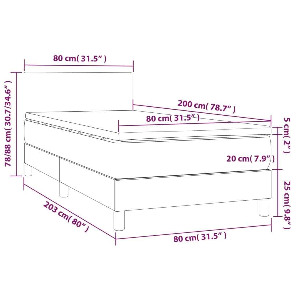 Cama box spring c/ colchão e LED 80x200 cm tecido cinza-claro