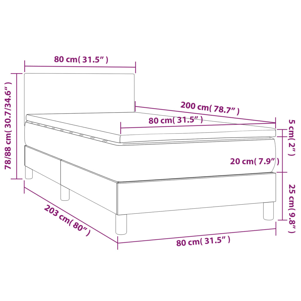 Cama box spring c/ colchão e LED 80x200 cm tecido preto