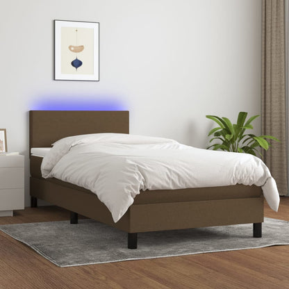 Cama box spring c/ colchão/LED 80x200cm tecido castanho-escuro