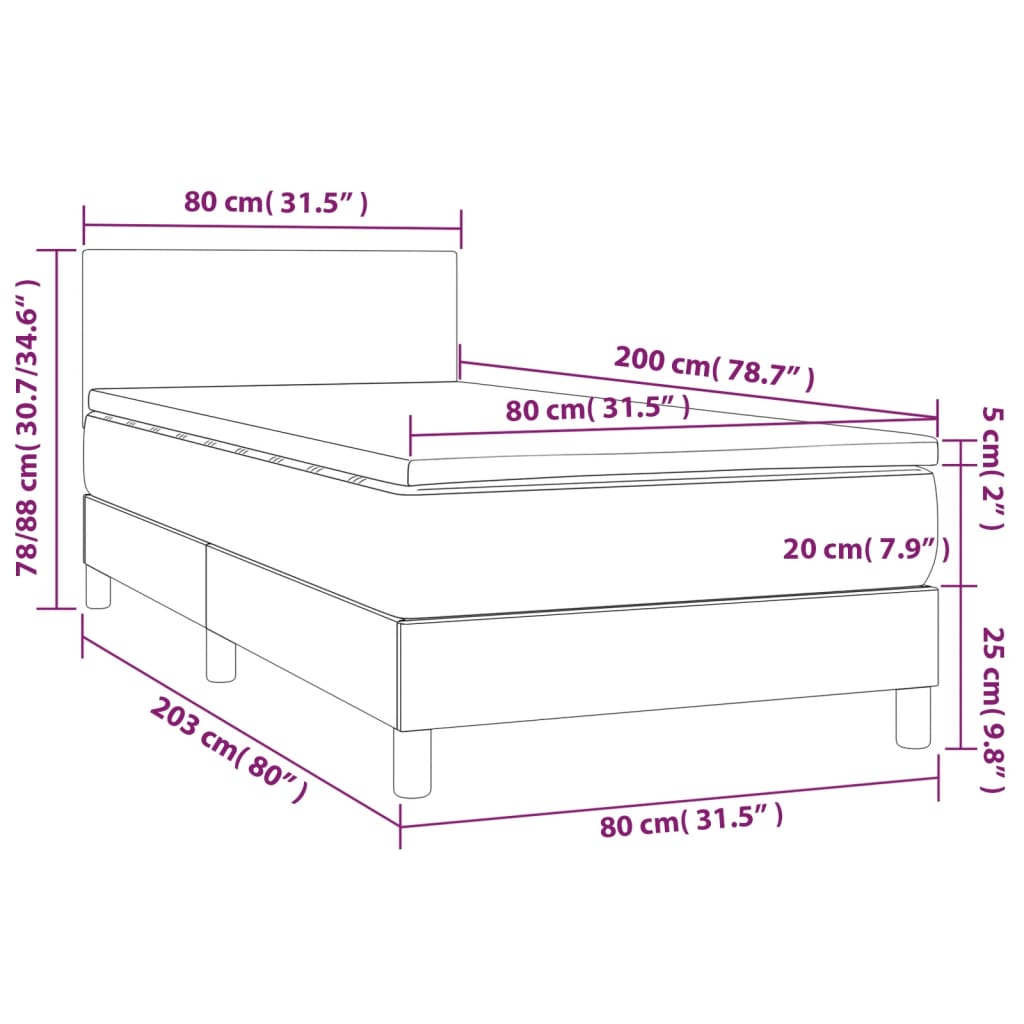 Cama box spring c/ colchão e LED 80x200 cm tecido azul