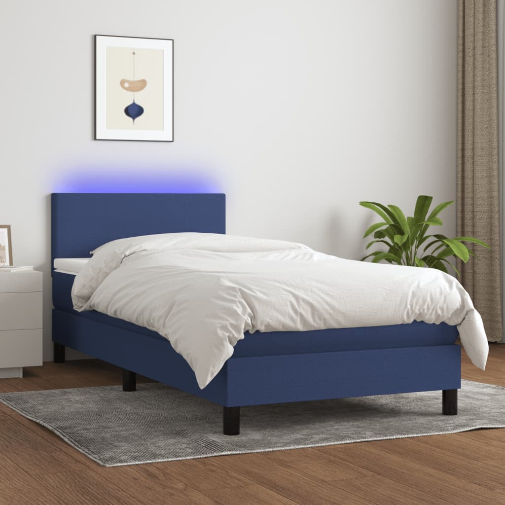 Cama box spring c/ colchão e LED 80x200 cm tecido azul