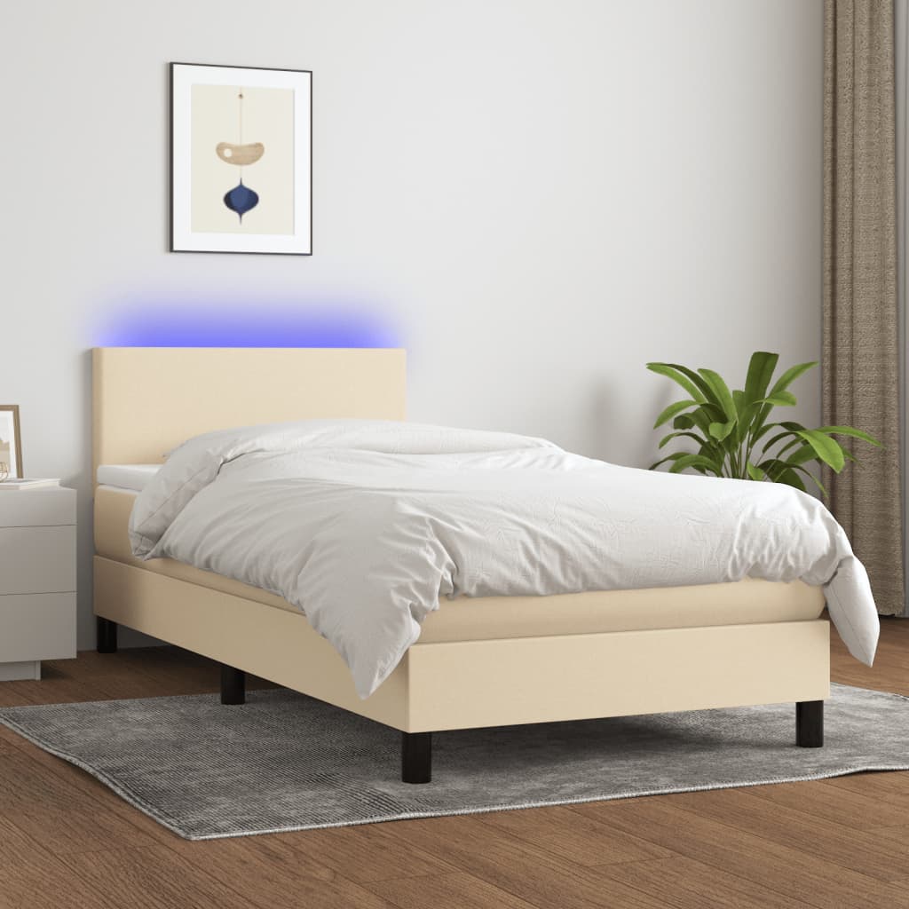 Cama box spring c/ colchão e LED 90x190 cm tecido cor creme