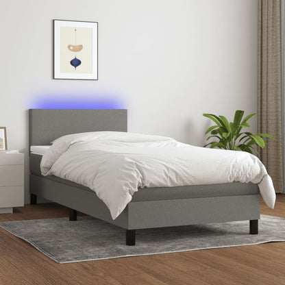 Cama box spring c/ colchão e LED 90x200 cm tecido cinza-escuro