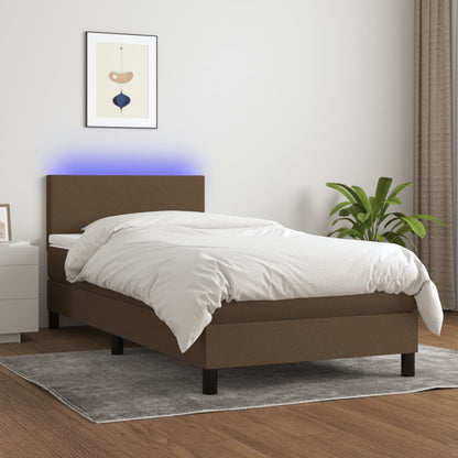 Cama box spring c/ colchão/LED 100x200cm tecido castanho-escuro