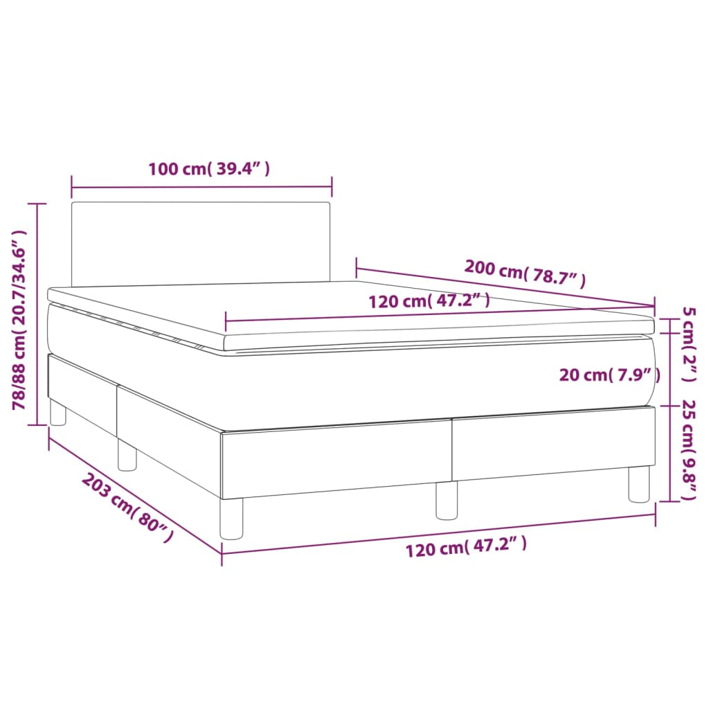 Cama box spring c/ colchão/LED 120x200cm tecido castanho-escuro