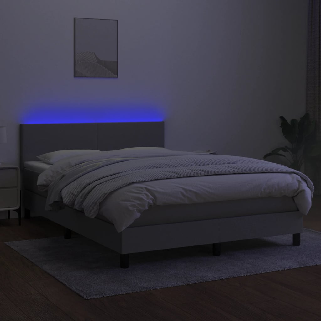 Cama box spring c/ colchão e LED 140x190 cm tecido cinza-claro