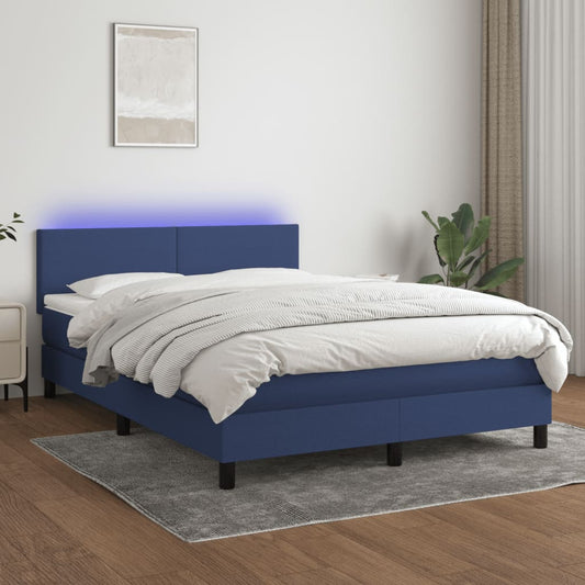 Cama box spring c/ colchão e LED 140x190 cm tecido azul