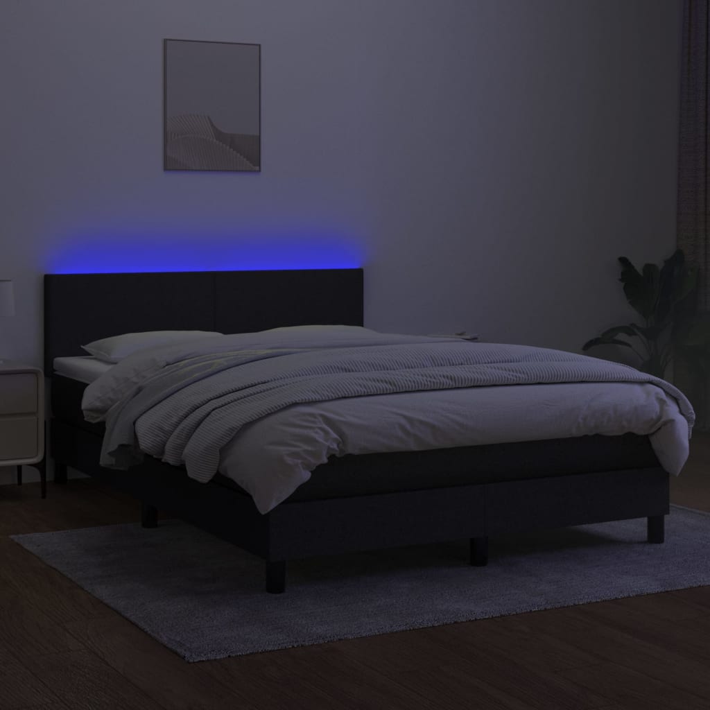 Cama box spring c/ colchão e LED 140x200 cm tecido preto