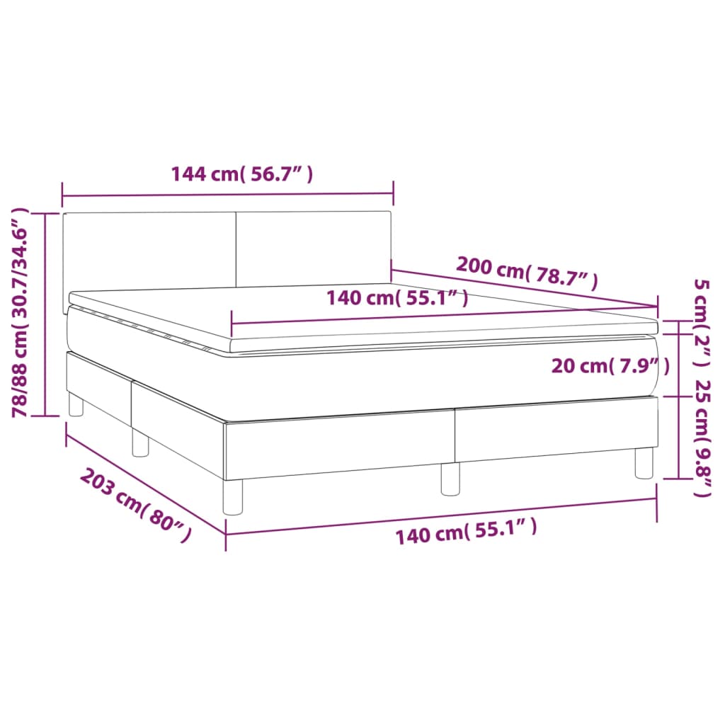 Cama box spring c/ colchão e LED 140x200 cm tecido preto