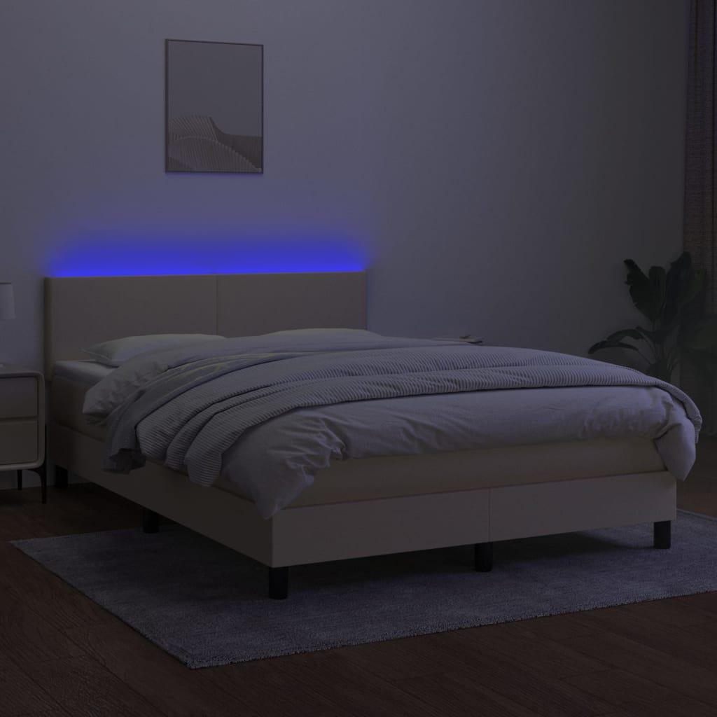 Cama box spring c/ colchão e LED 140x200 cm tecido cor creme