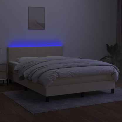 Cama box spring c/ colchão e LED 140x200 cm tecido cor creme