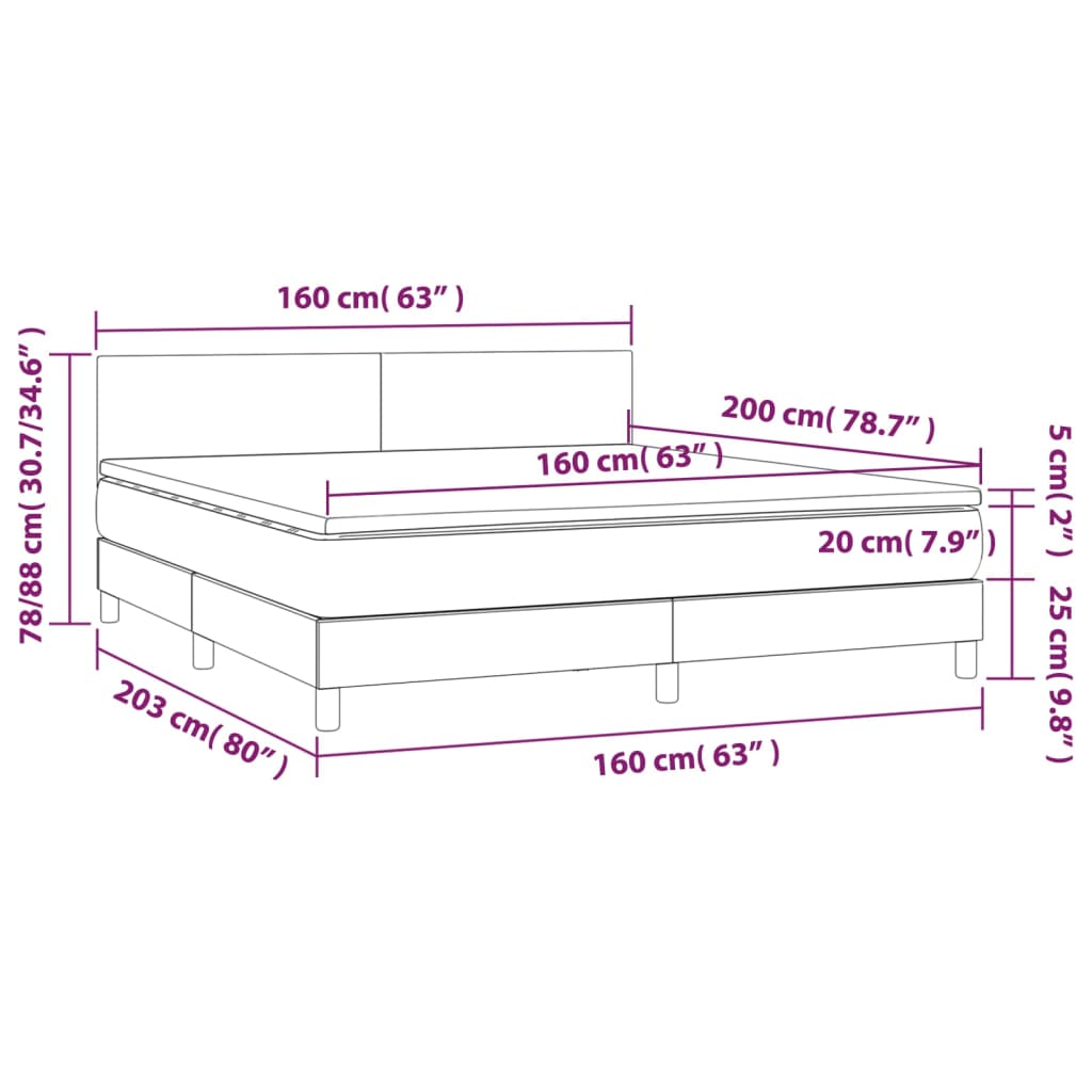 Cama box spring c/ colchão e LED 160x200 cm tecido cor creme