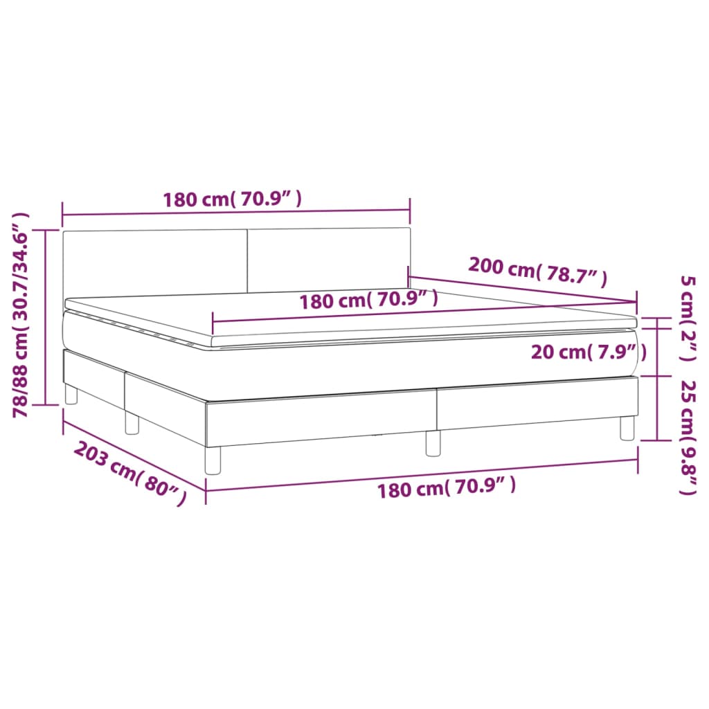 Cama box spring c/ colchão e LED 180x200 cm tecido preto