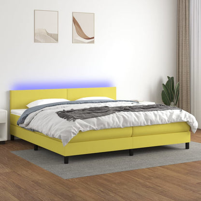 Cama box spring c/ colchão e LED 200x200 cm tecido verde