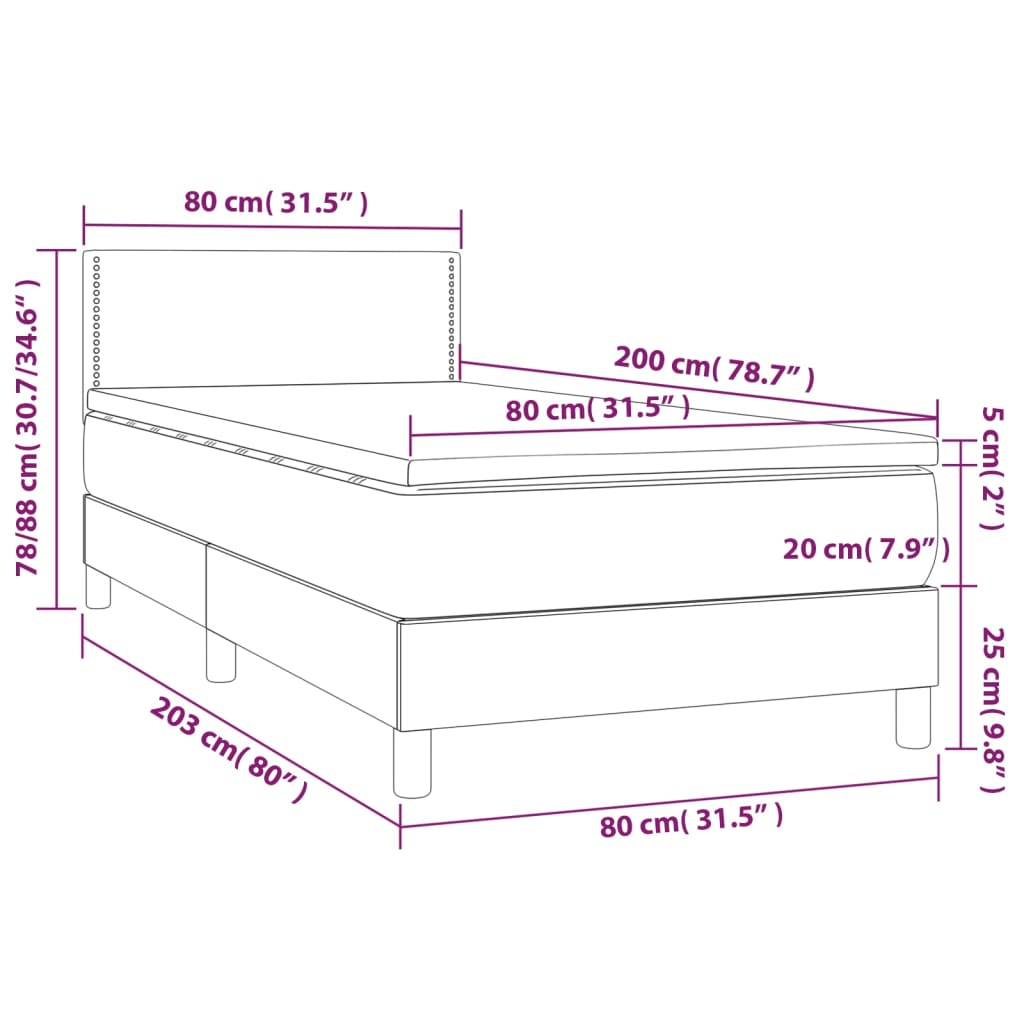 Cama box spring c/ colchão e LED 80x200 cm tecido preto