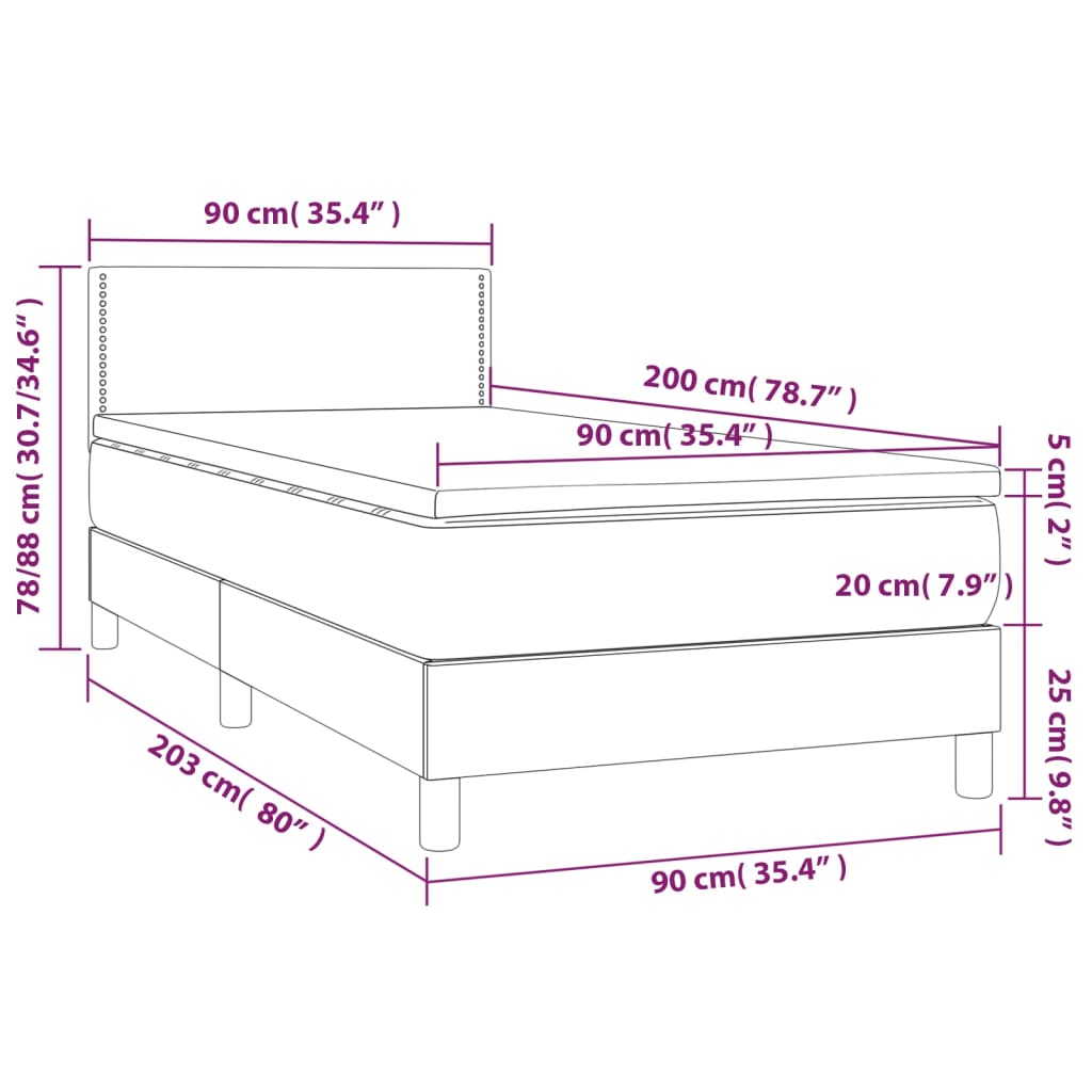 Cama box spring c/ colchão e LED 90x200 cm tecido cinza-claro