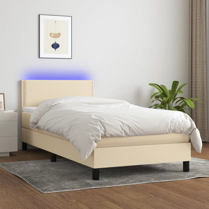 Cama box spring c/ colchão e LED 90x200 cm tecido cor creme