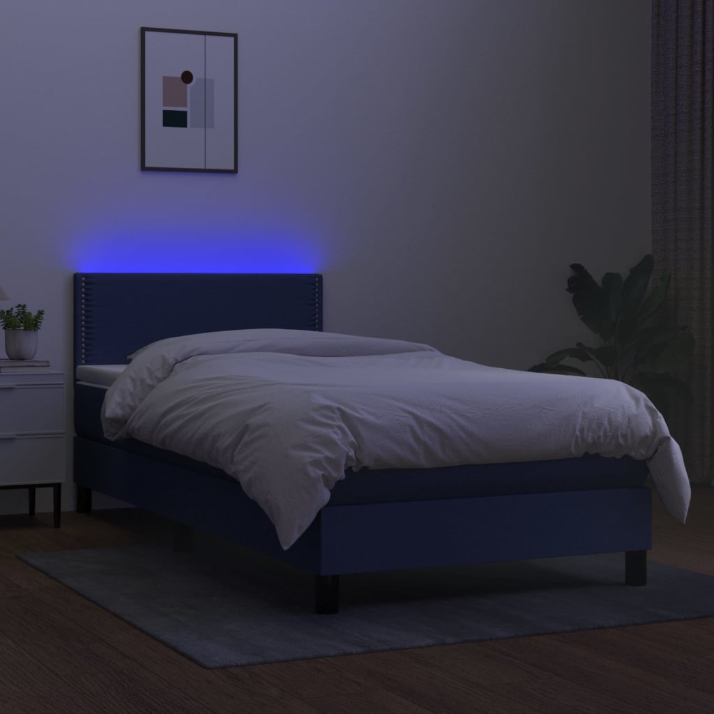 Cama box spring c/ colchão e LED 90x200 cm tecido azul