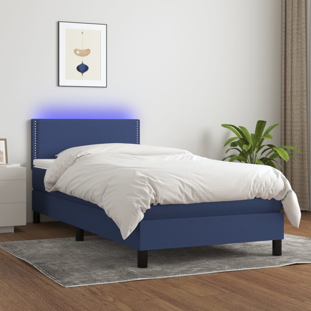 Cama box spring c/ colchão e LED 90x200 cm tecido azul