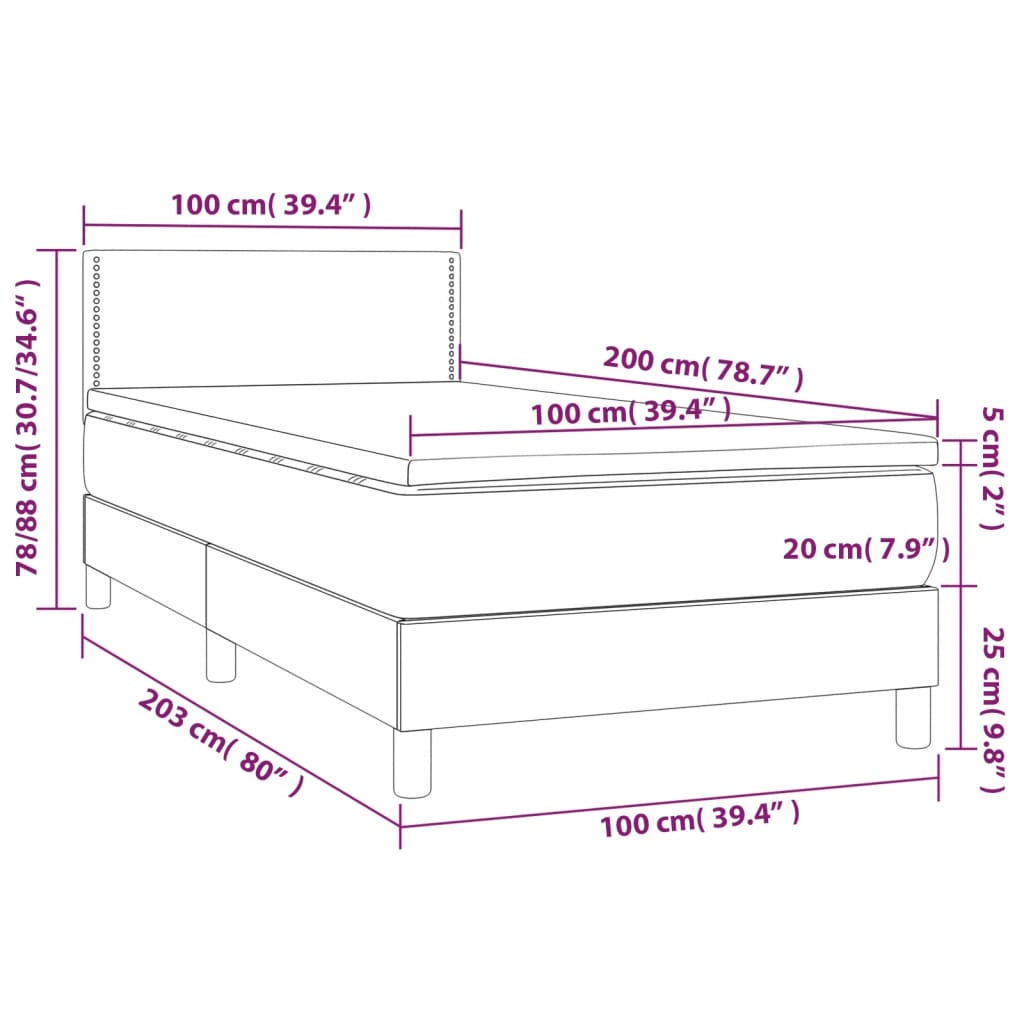 Cama box spring c/ colchão e LED 100x200 cm tecido cinza-escuro