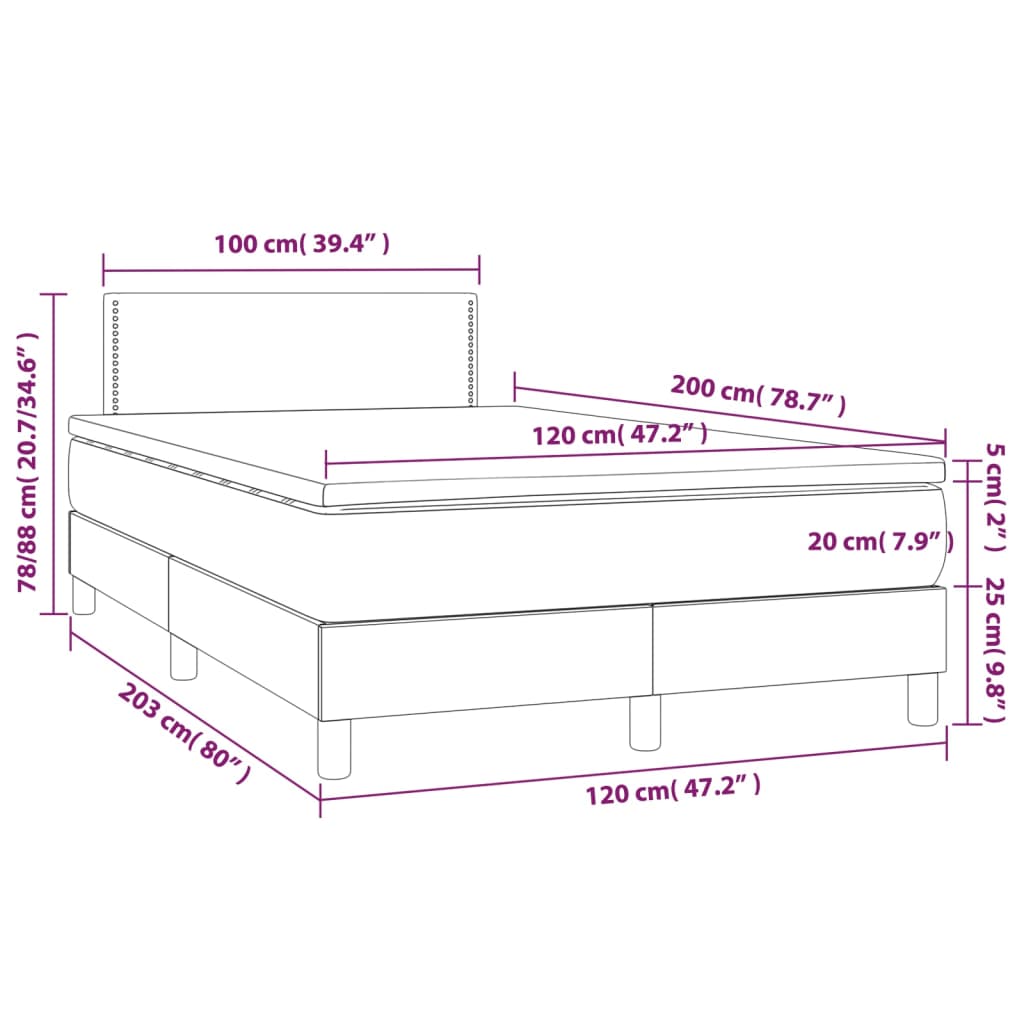 Cama box spring c/ colchão e LED 120x200 cm tecido preto