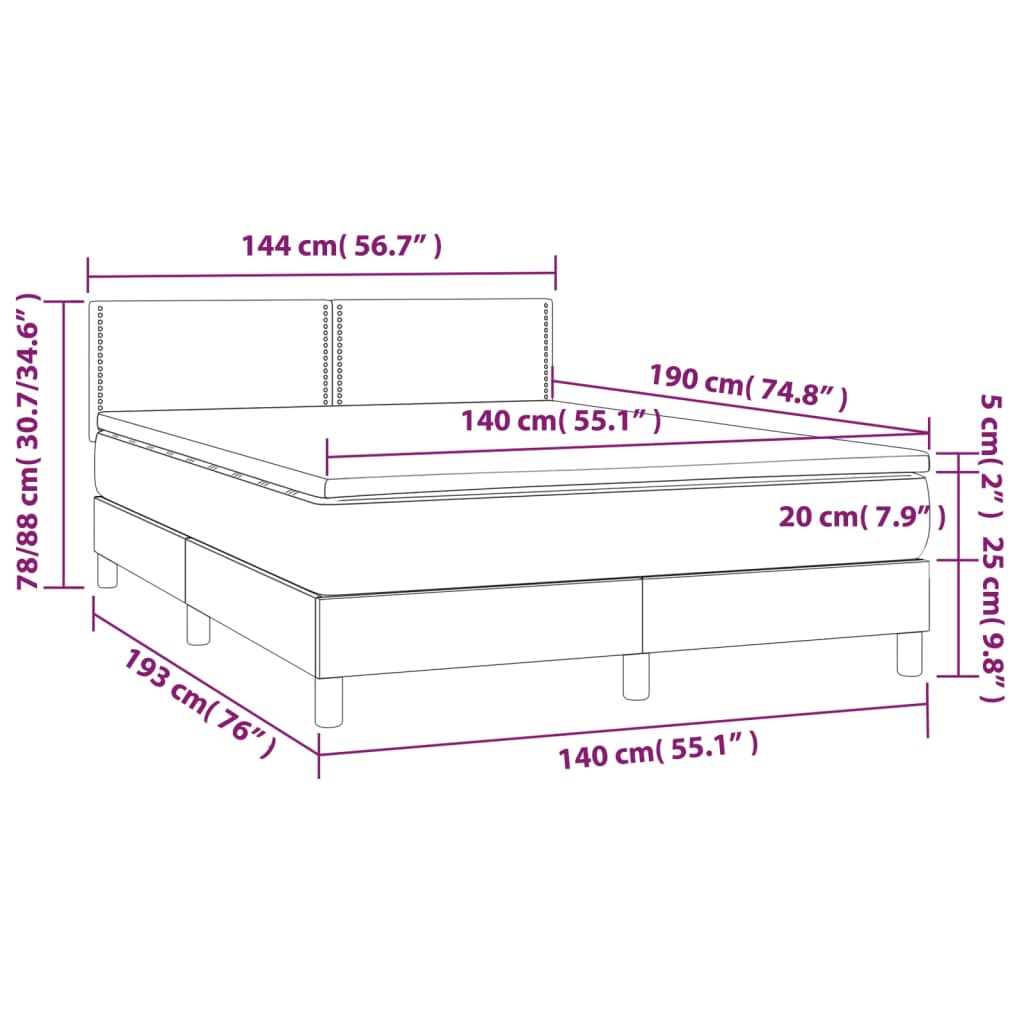 Cama box spring c/ colchão/LED 140x190cm tecido castanho-escuro