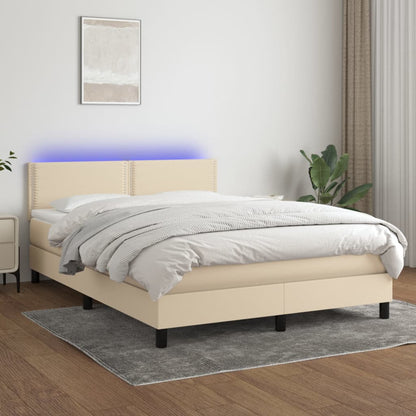 Cama box spring c/ colchão e LED 140x190 cm tecido cor creme